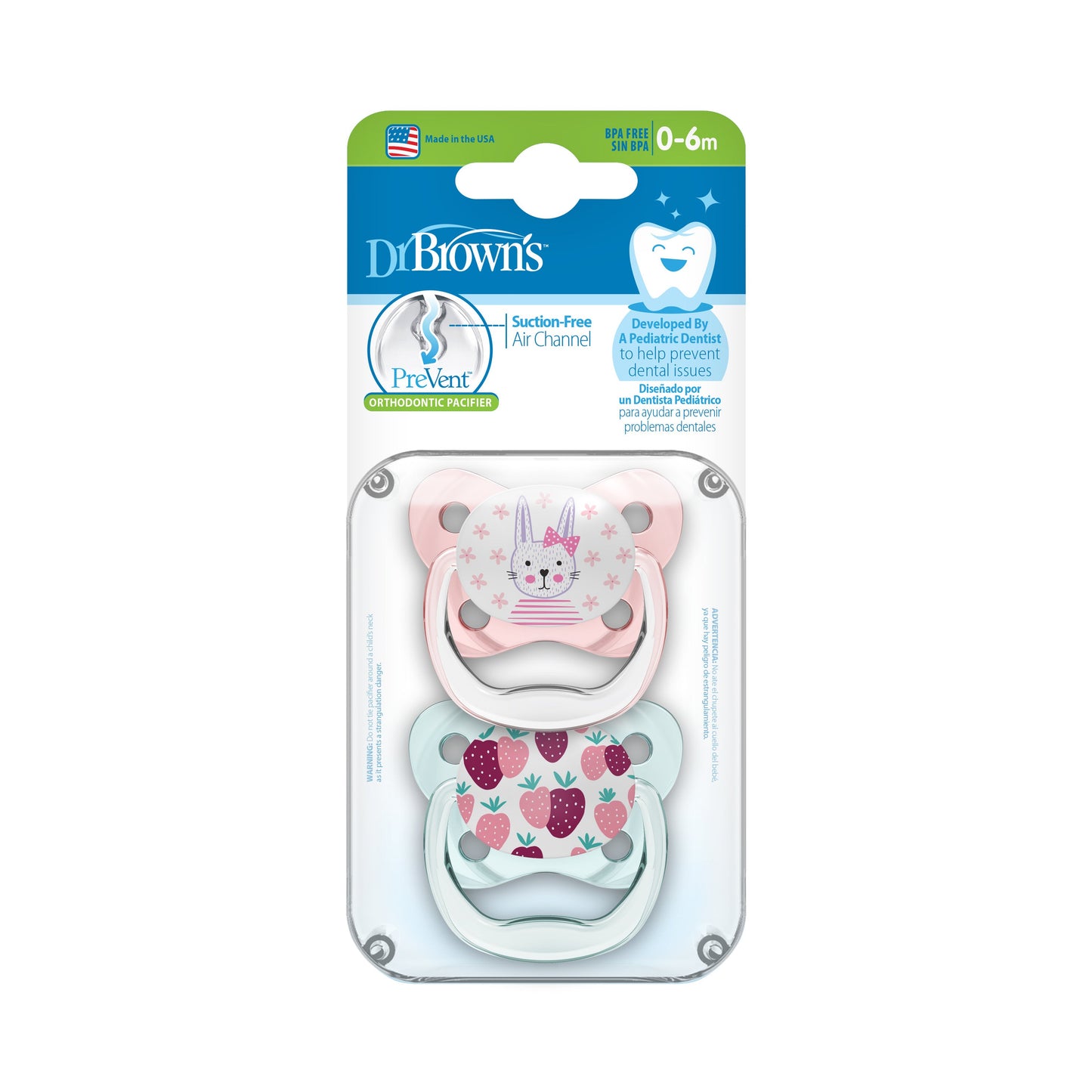 Bunny and Strawberries 0-6 Months Dr.Brown's PreVent Contoured Pacifiers Packaging (2-Pack)