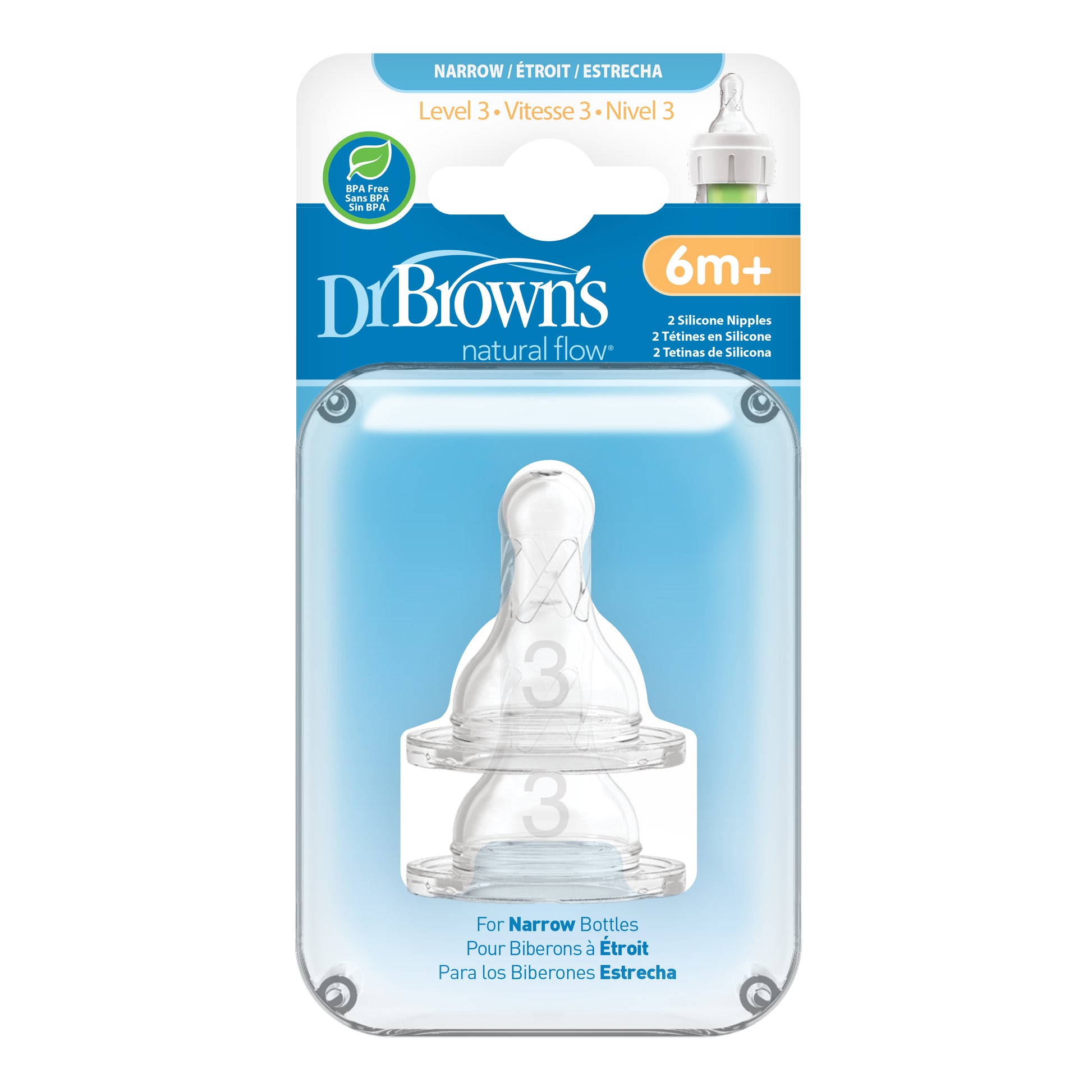 Dr. Brown's Level 3 Flow Narrow Nipples for Options+ Bottles Packaging (2-Pack)