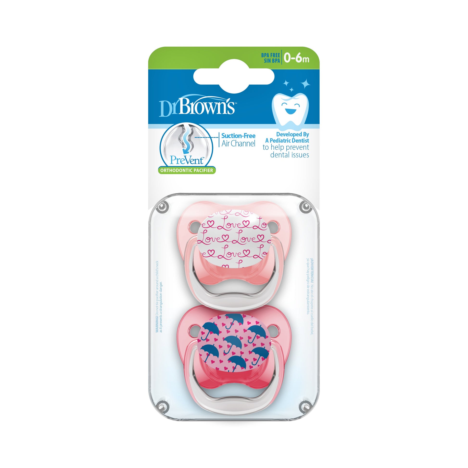 Love and Umbrellas Dr.Brown's Newborn Prevent Classic Pacifiers Packaging (2-Pack)