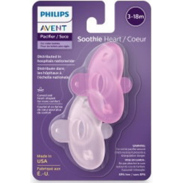 Pink Philips Avent Heart Soothie Pacifiers 3-18 Months Packaging (2-Pack)