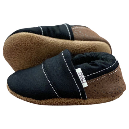 Black and brown angled baby and toddler moccasins made in USA