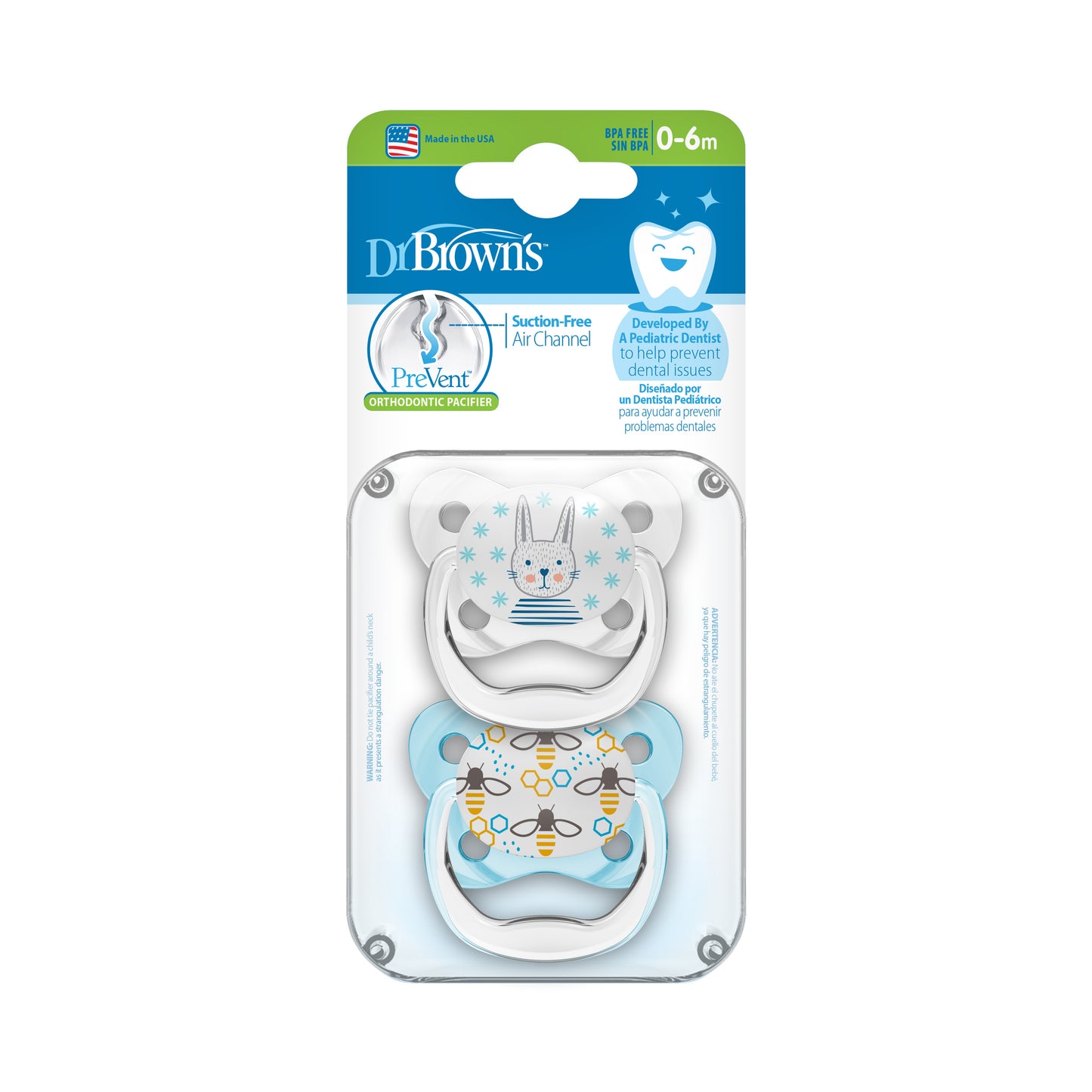 Bunny and Bees 0-6 Months Dr.Brown's PreVent Contoured Pacifiers Packaging (2-Pack)