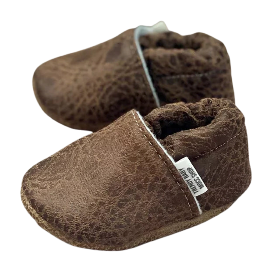 Chocolate Suede Baby Moccasins - Infant Shoes Made in USA Side View