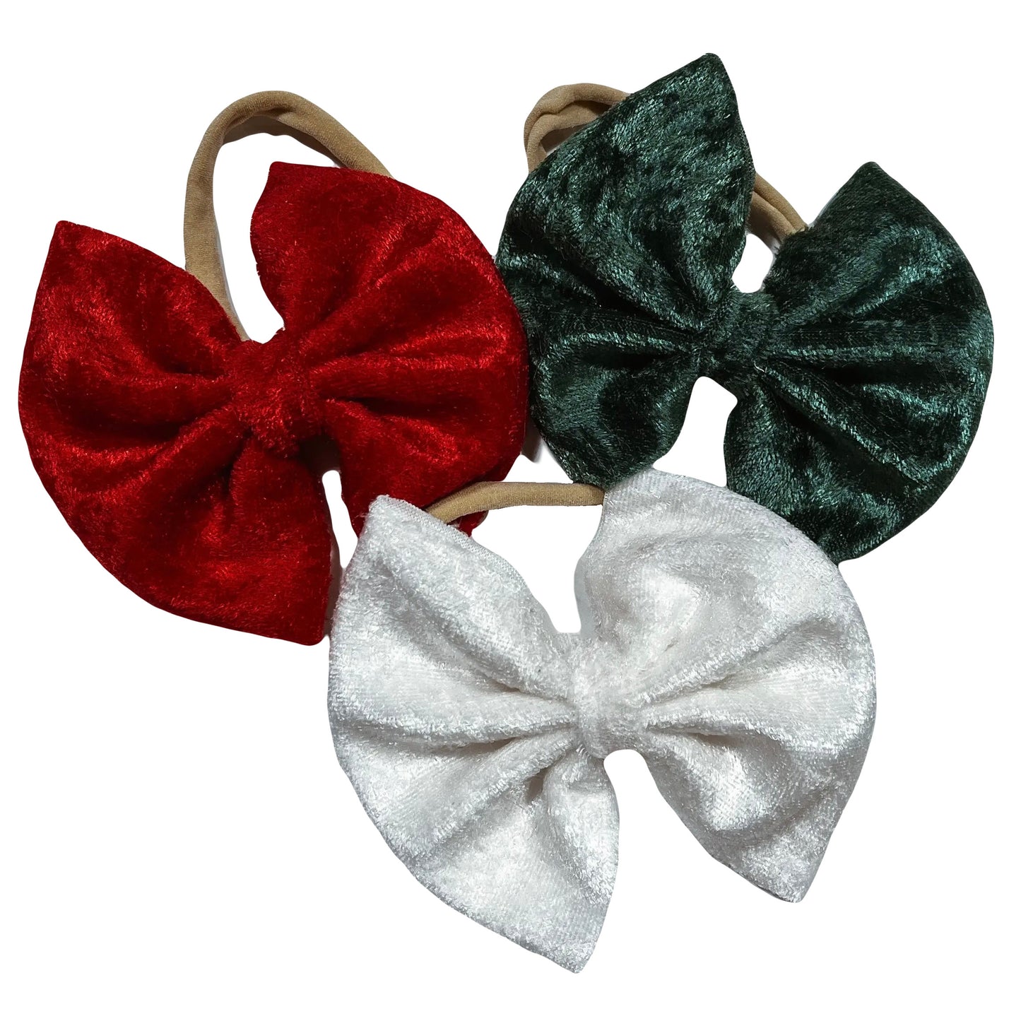 Velvet Baby Headband Bows Made in USA - Crushed Velvet - Evergreen, White, and Crimson