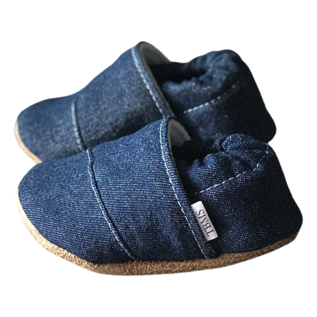 Denim Angled Baby and Toddler Moccasins Made in USA - Infant Shoes Side View