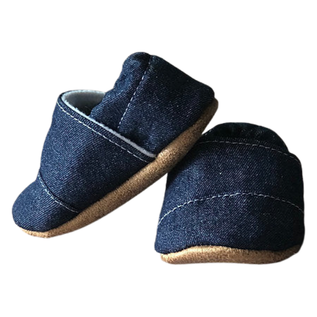 Denim Angled Baby and Toddler Moccasins Made in USA - Infant Shoes Front View