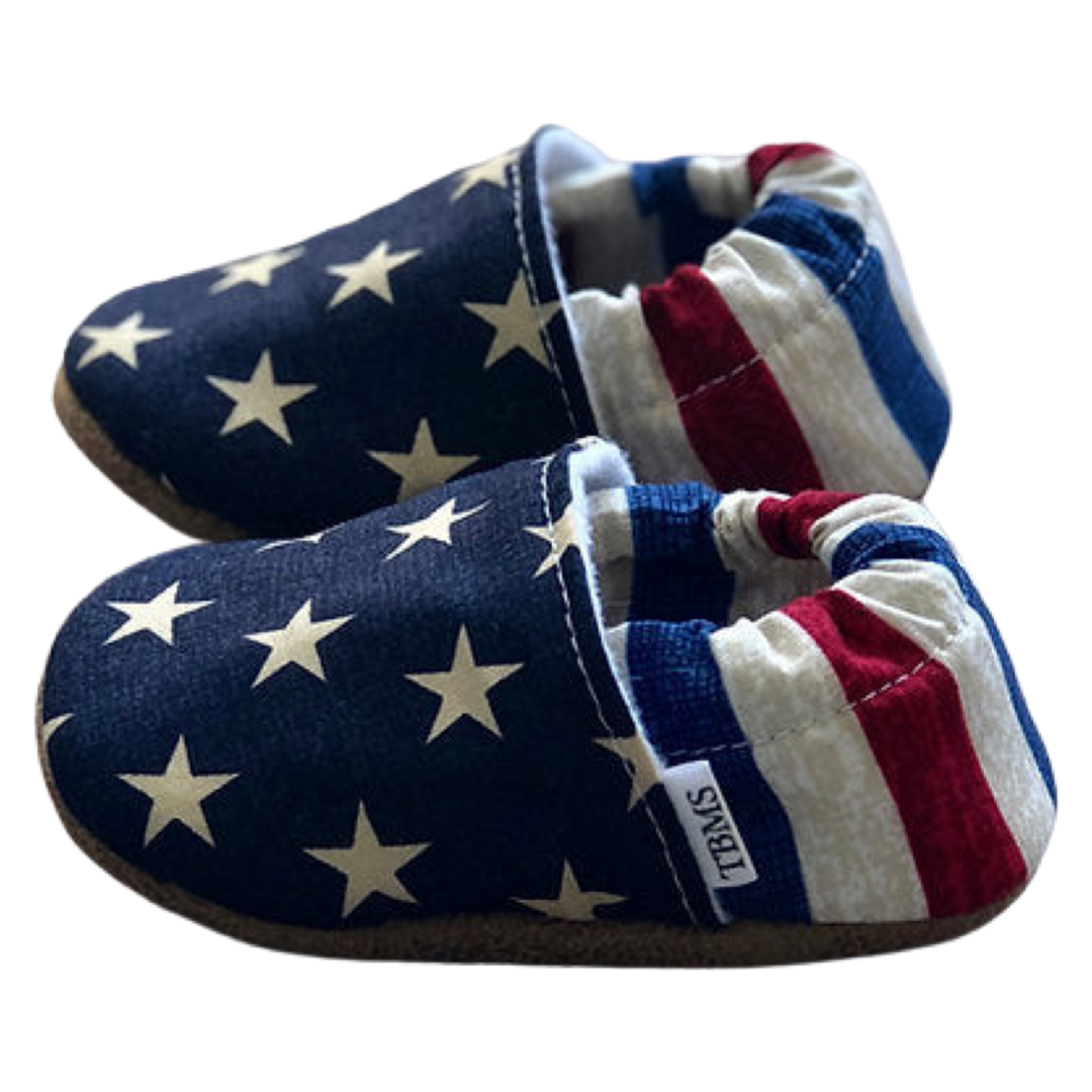 Distressed Stars and Stripes Baby and Toddler Moccasins - American Flag Infant Shoes Made in USA Side View