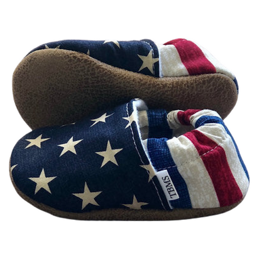 Distressed Stars and Stripes Baby and Toddler Moccasins - American Flag Infant Shoes Made in USA