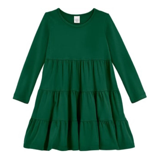 Long Sleeve Cotton Jersey Tiered Dress - Forest Green