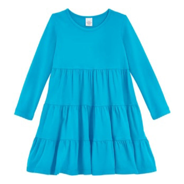 Long Sleeve Cotton Jersey Tiered Dress - Turquoise