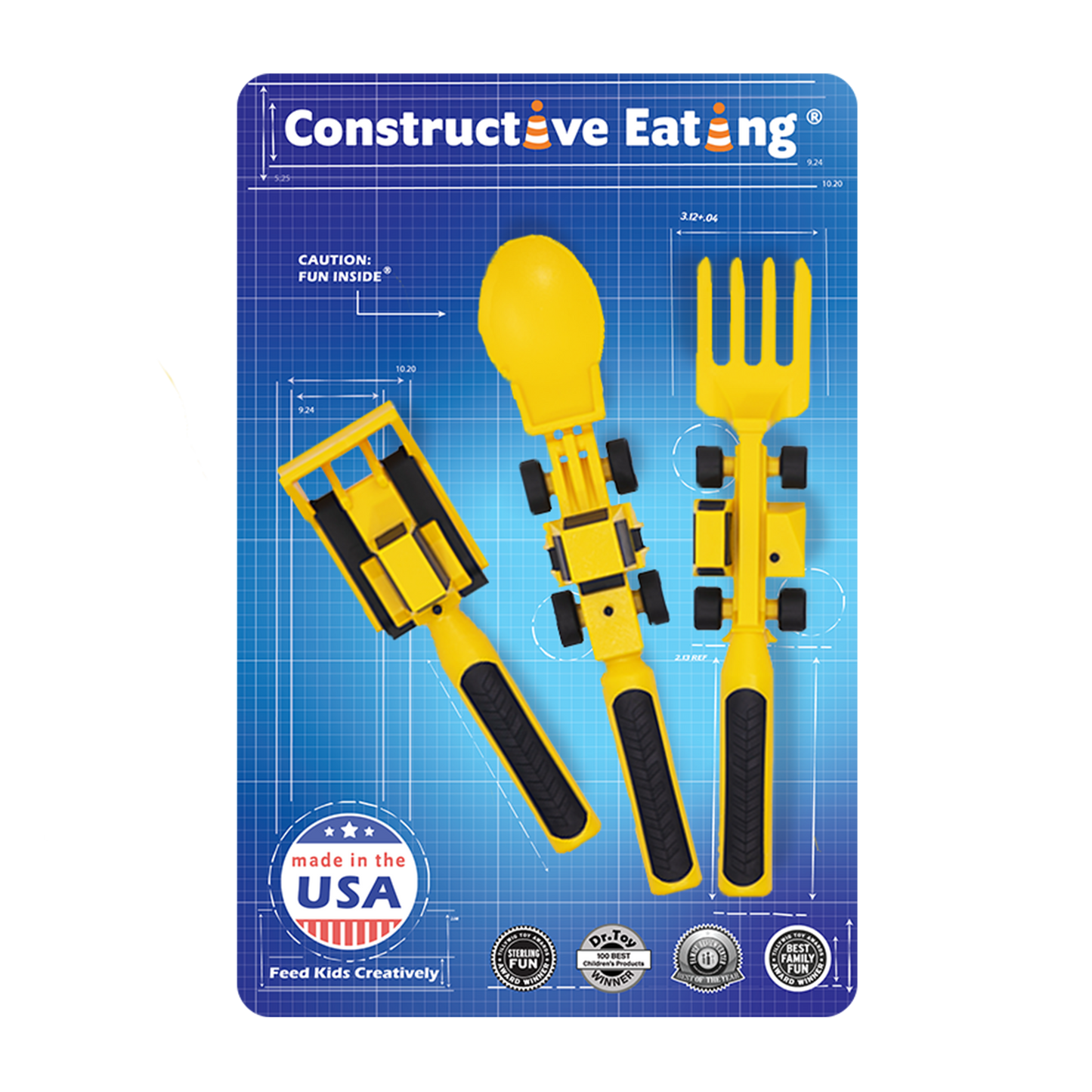 Made in USA construction utensils - Fork, spoon, and pusher packaging