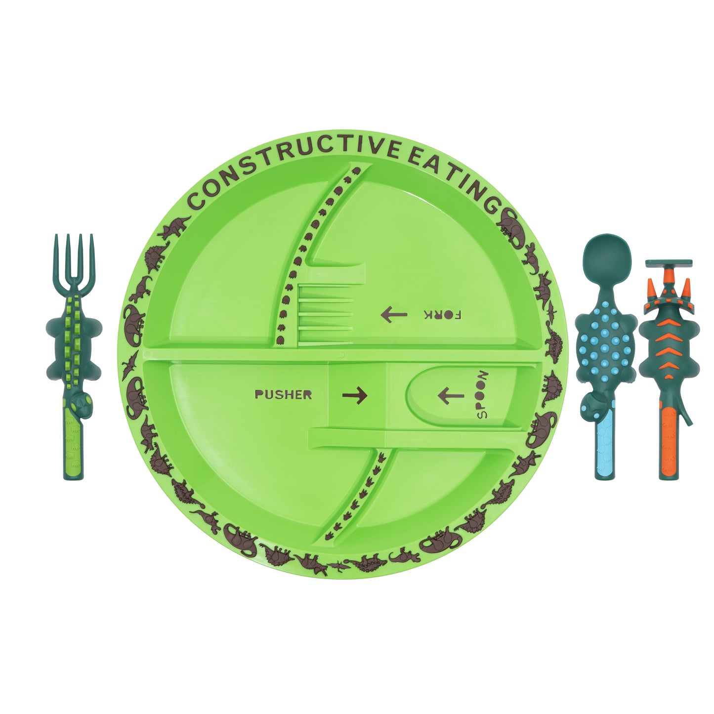 Made in USA fork, spoon, plate, and food pusher - Dinosaur themed - Constructive Eating