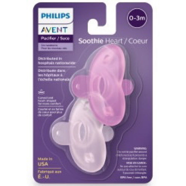 Pink Philips Avent Heart Soothie Pacifiers 0-3 Months Packaging (2-Pack)