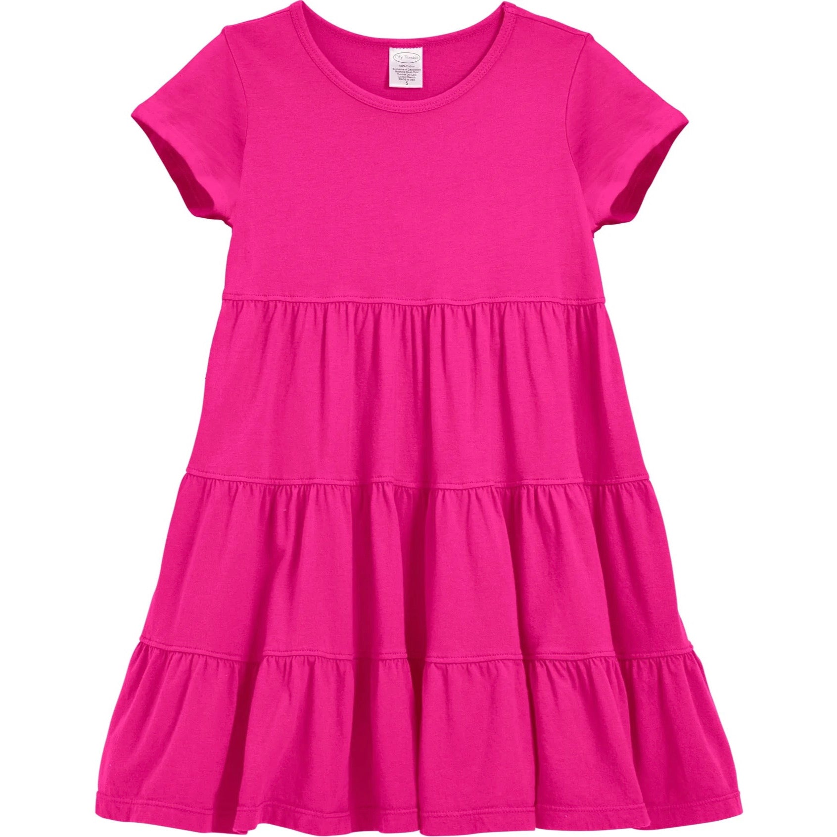 Made in USA Short Sleeve Toddler Dress - Hot Pink - Tiered Cotton