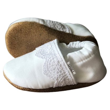 White lace strip baby and toddler moccasins - Made in USA