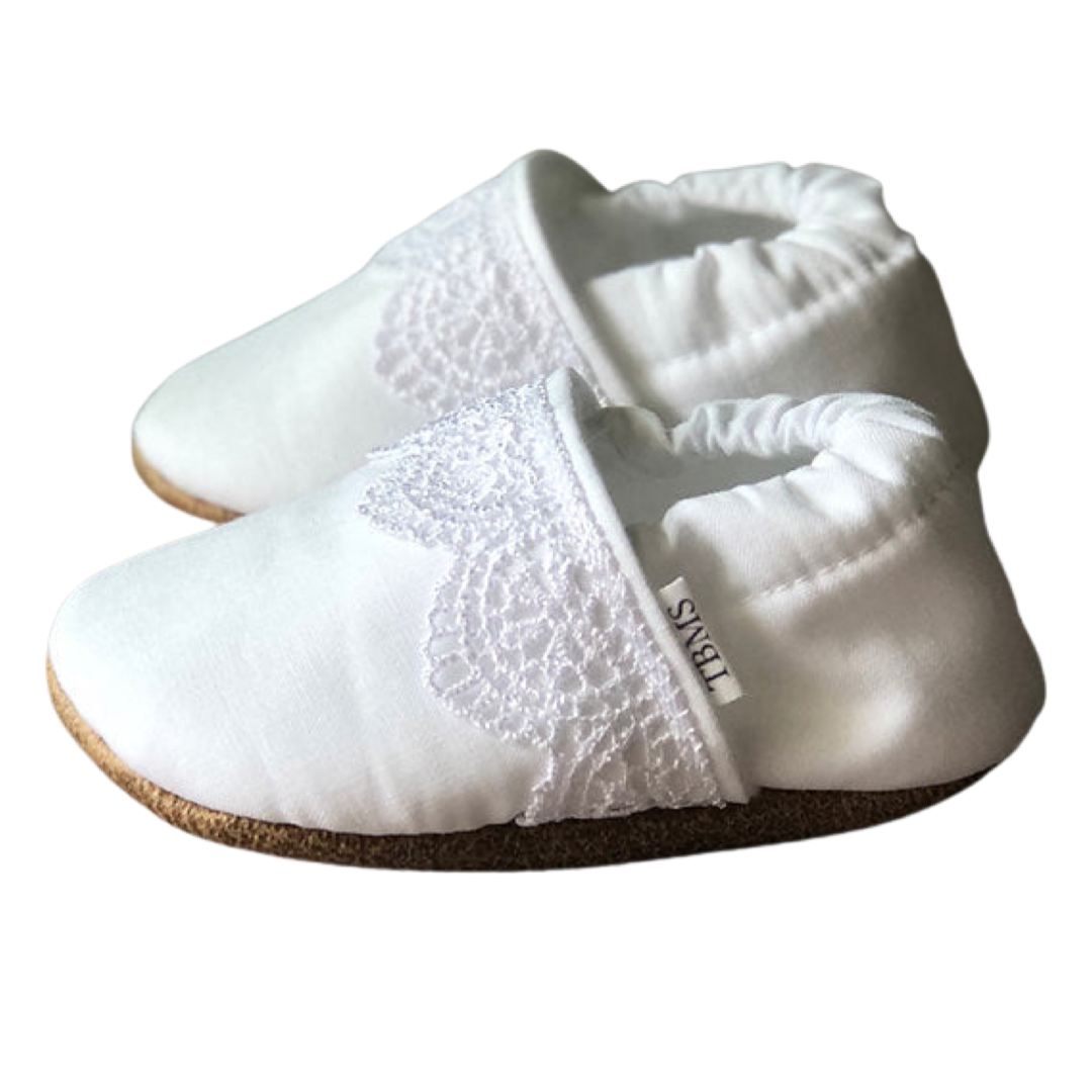 White lace strip baby and toddler moccasins - Made in USA Side View